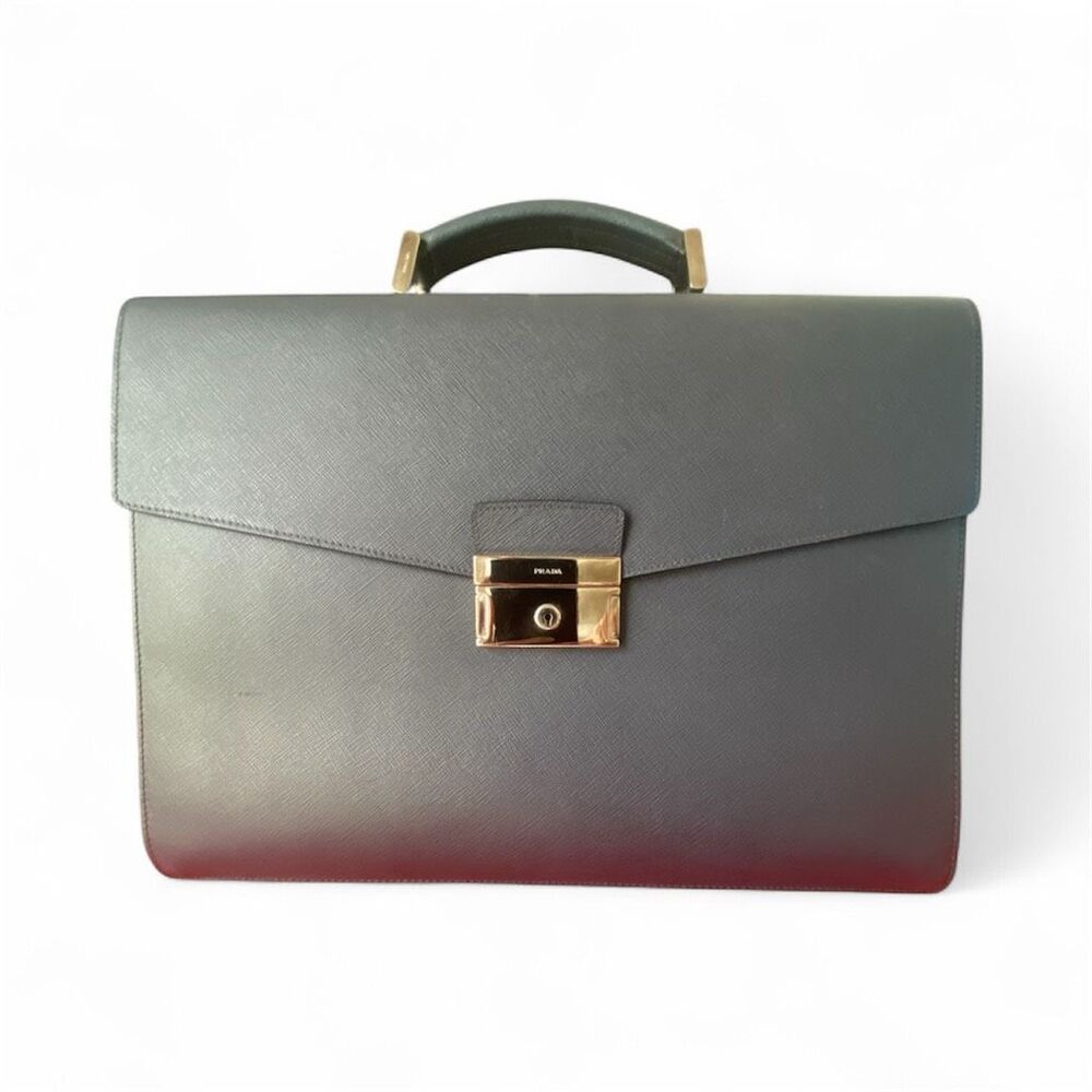 PRADA Men Dark Navy Blue Leather Saffiano Briefcase